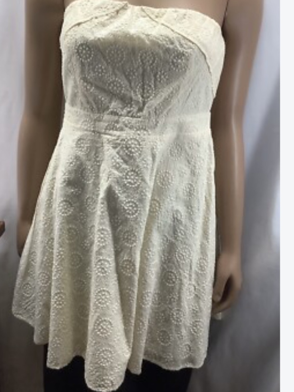 Strapless Beige Eyelet Fit & Flare Dress